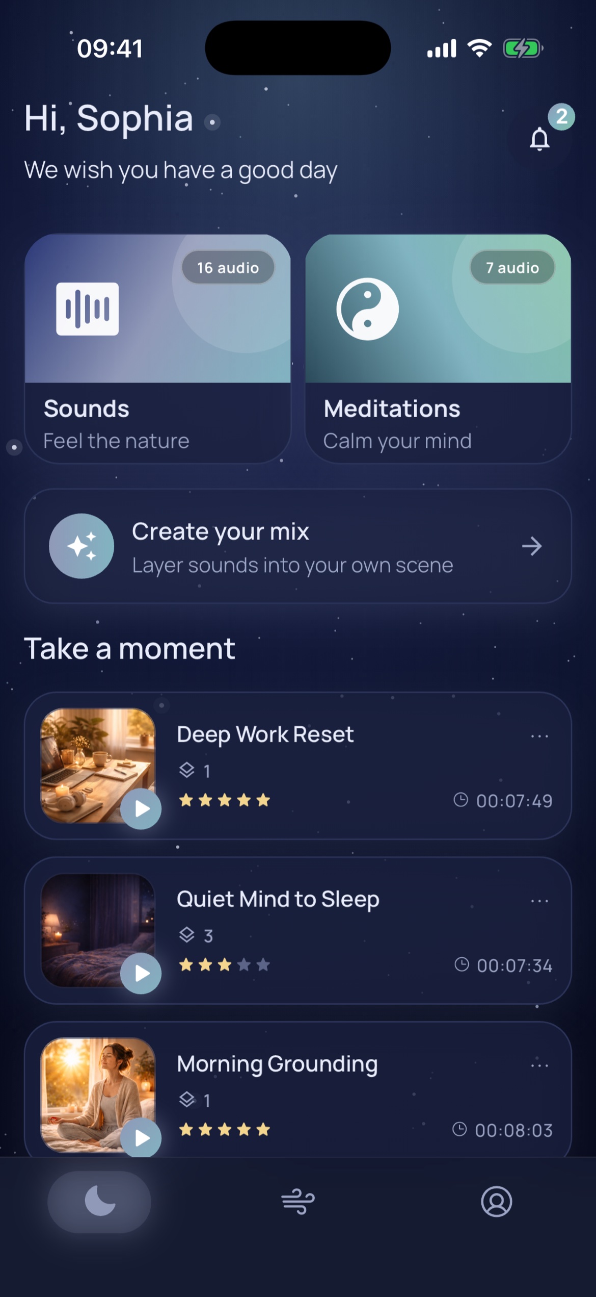 MindBreathe home screen, dark theme